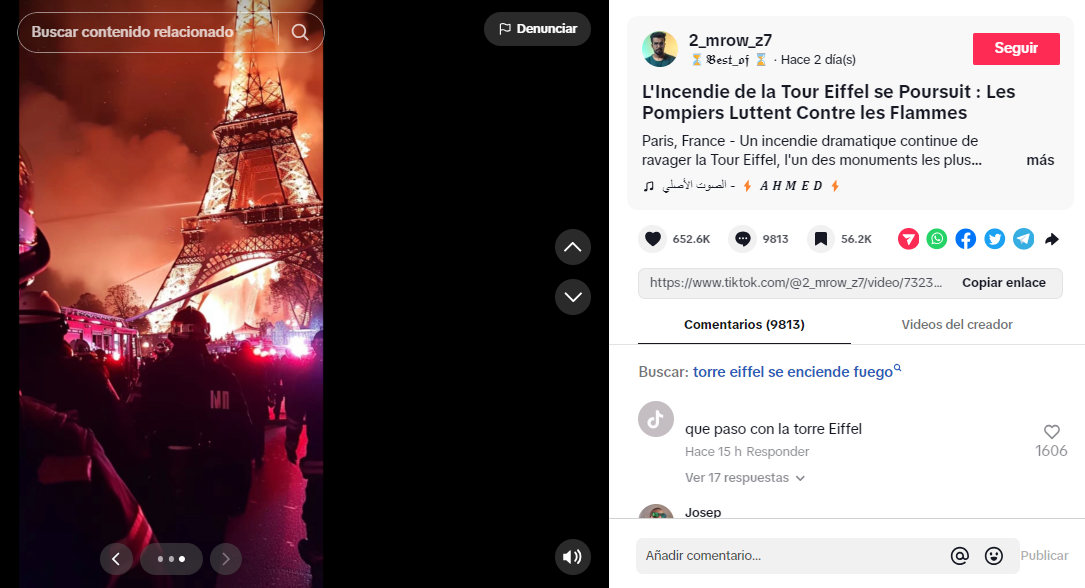 Publicación del supuesto incendio en la Torre Eiffel de 2024. Foto: Redes sociales