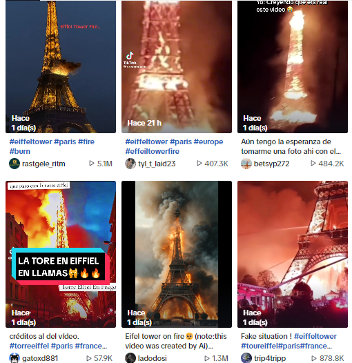 Algunas publicaciones que muestran, falsamente, a la Torre Eiffel quemada en 2024. Foto: Redes sociales