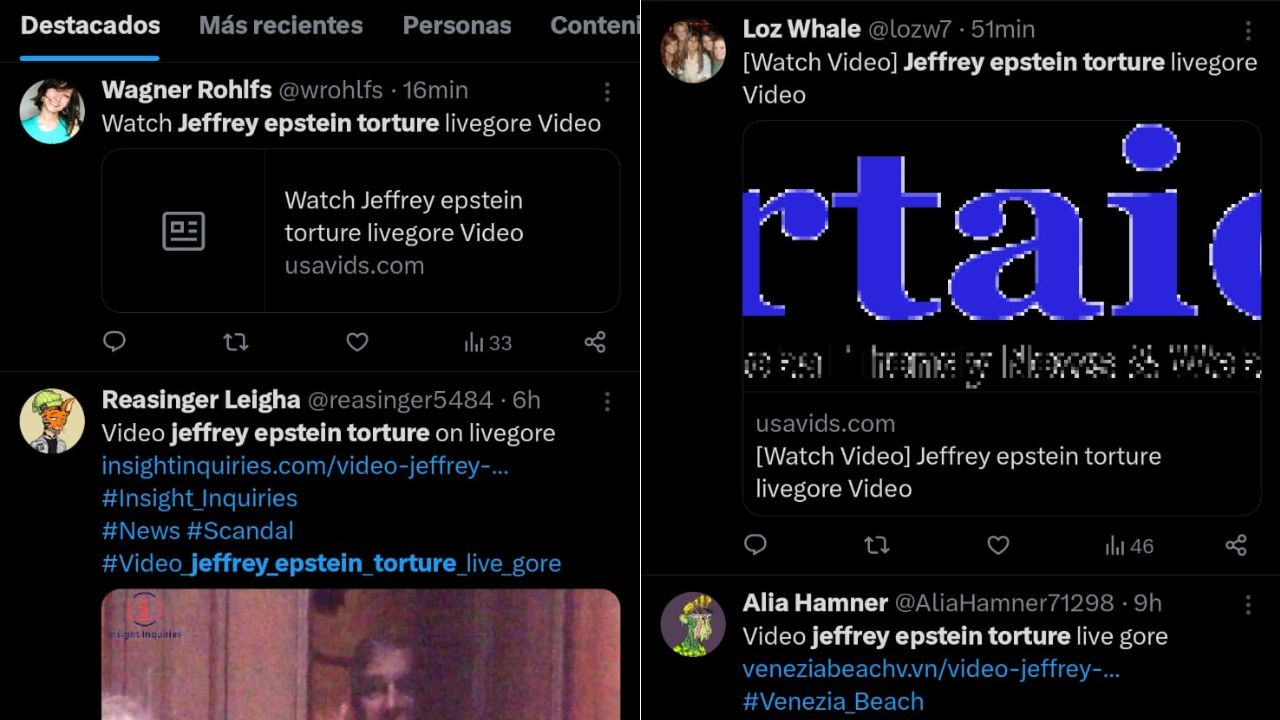 Algunas de las publicaciones del falso video torture de Jeffrey Epstein en Twitter. Foto: Redes sociales