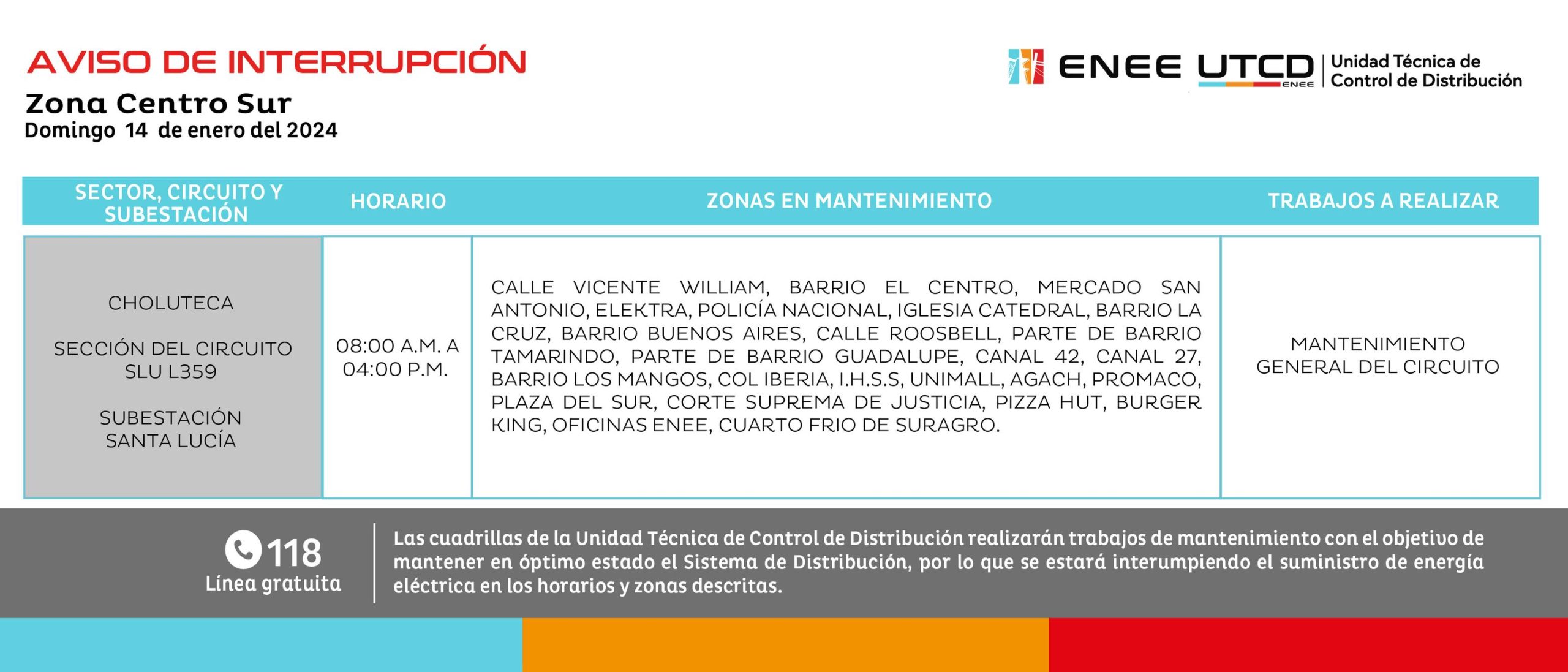 Cortes de energía eléctrica programados por la ENEE para este domingo. Foto: UTCD