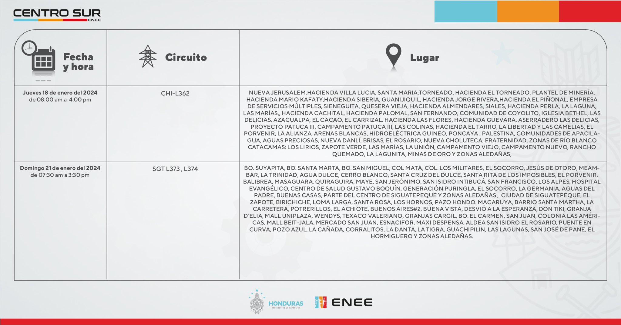 Cortes de energía eléctrica programados por la ENEE en Siguatepeque. Foto: CND