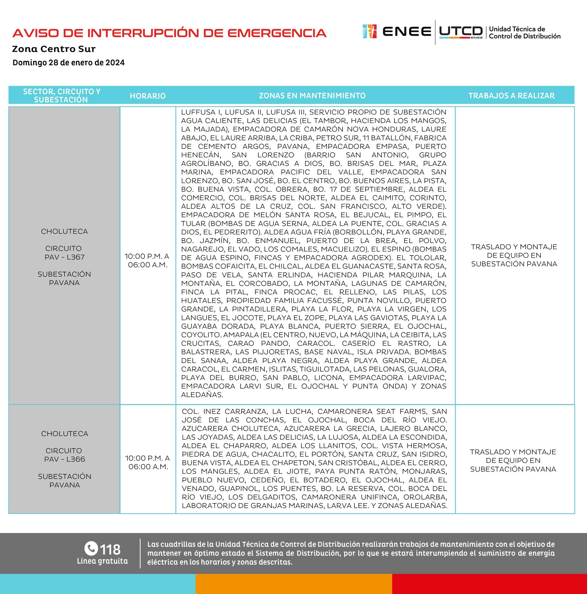 Cortes de energía eléctrica programados por la ENEE para este domingo 28 de enero. Foto: UTCD
