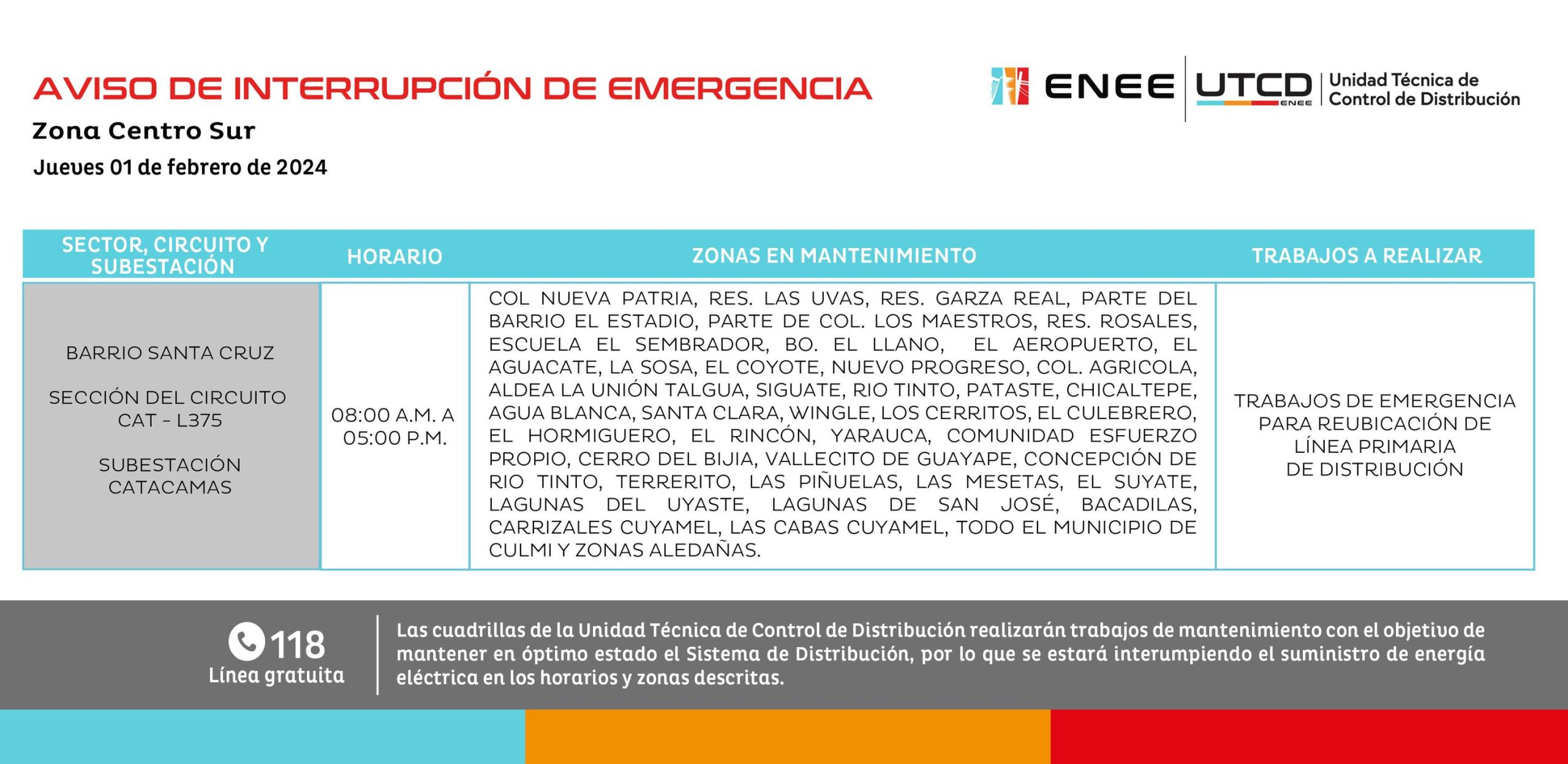 Cortes de energía eléctrica programados por la ENEE para este jueves 1 de febrero. Foto: UTCD