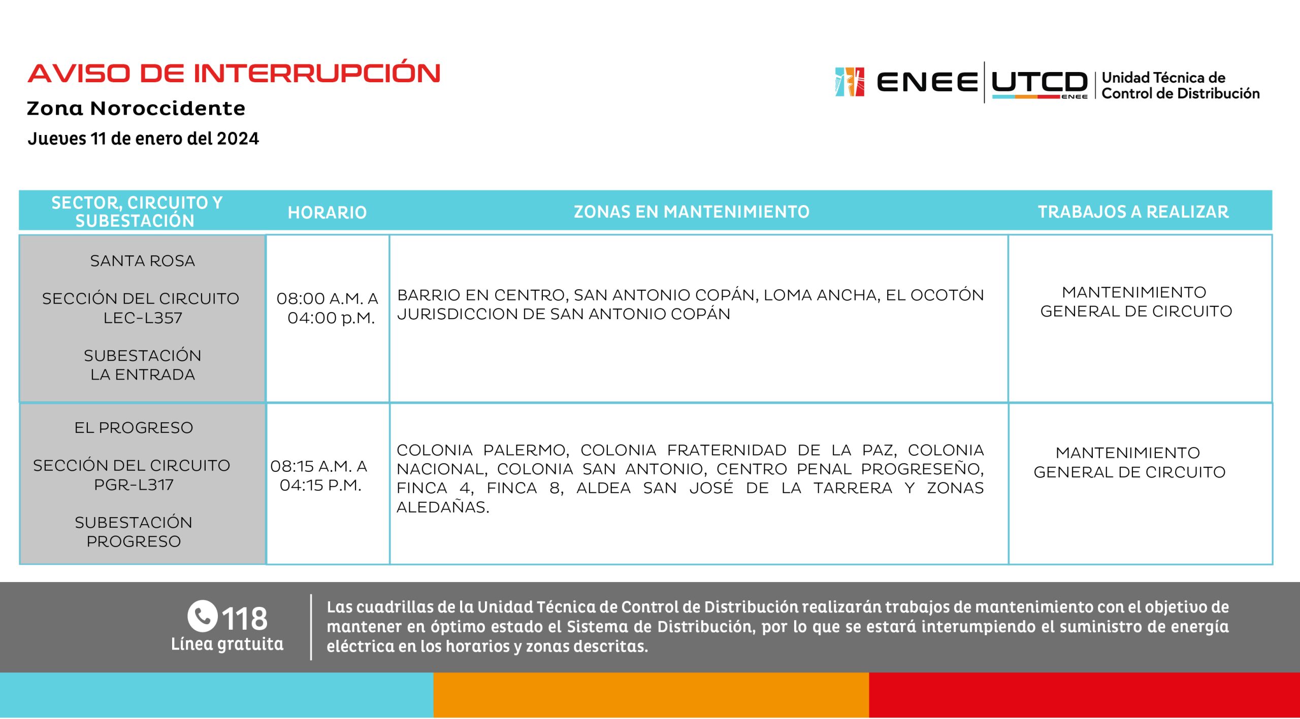 Cortes de energía eléctrica programados en San Antonio y El Progreso. Foto: UTCD