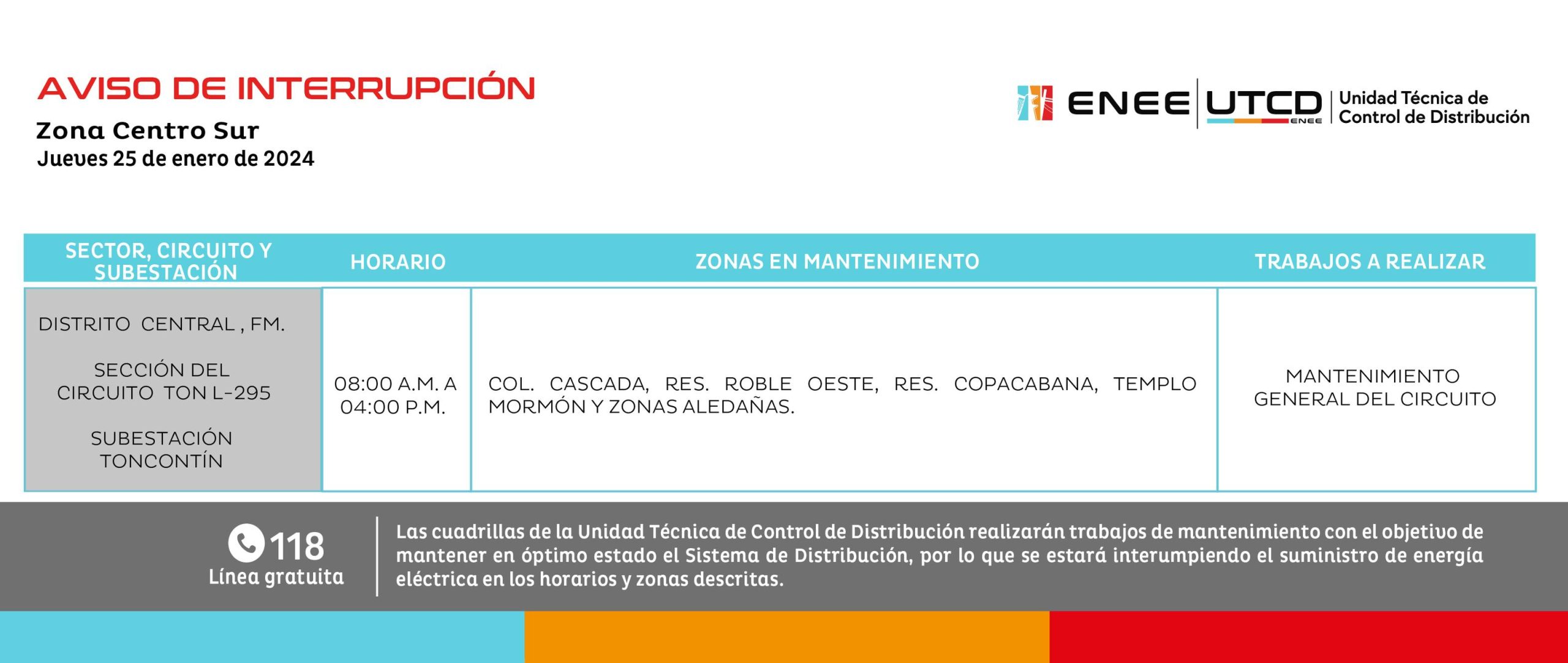Cortes de energía eléctrica programados para este jueves 25 de enero en la capital. Foto: UTCD