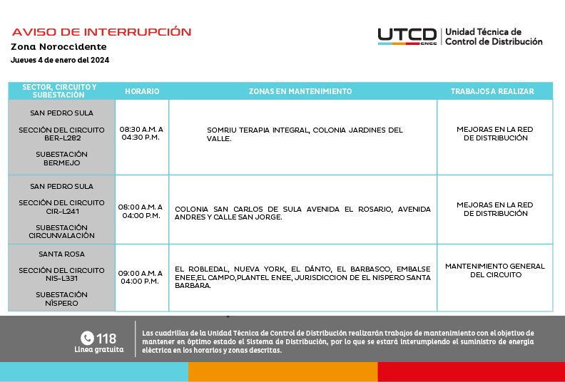 Cortes de energía eléctrica programados para este jueves 4 de enero. Foto: UTCD