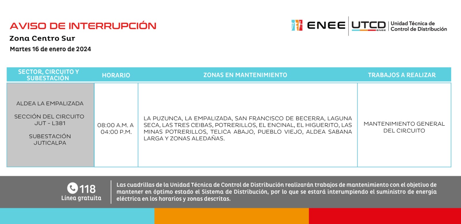 Cortes de energía eléctrica programados en Olancho para este martes 16 de enero. Foto: UTCD