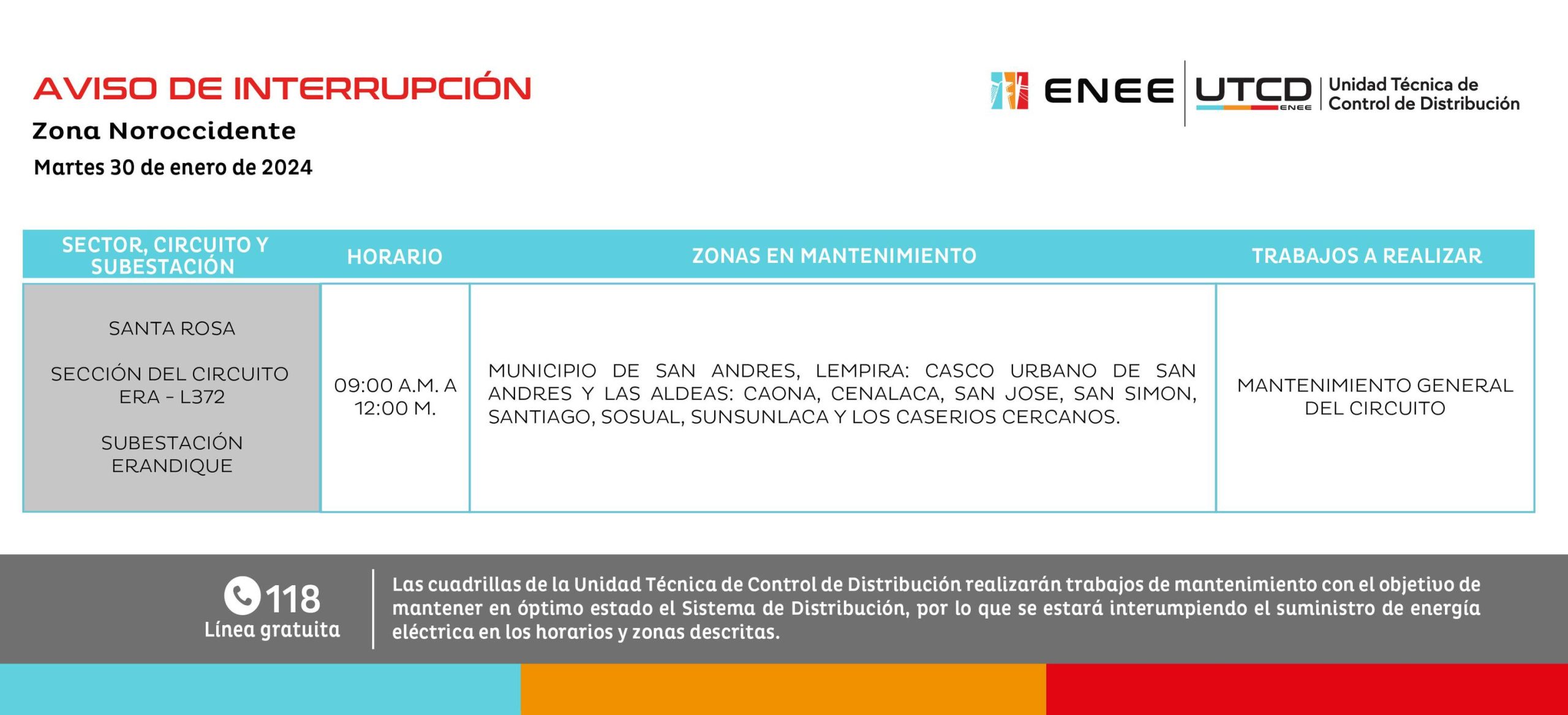 Últimos cortes de energía eléctrica programados por la ENEE para este martes 30 de enero. Foto: UTCD