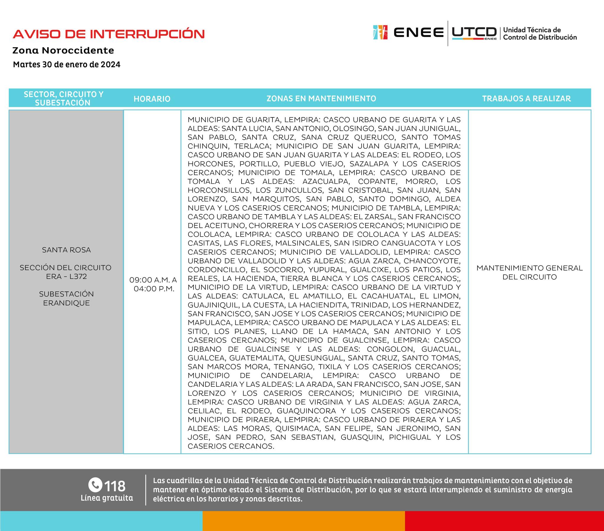 Primeros cortes de energía eléctrica programados por la ENEE para este martes 30 de enero. Foto: UTCD