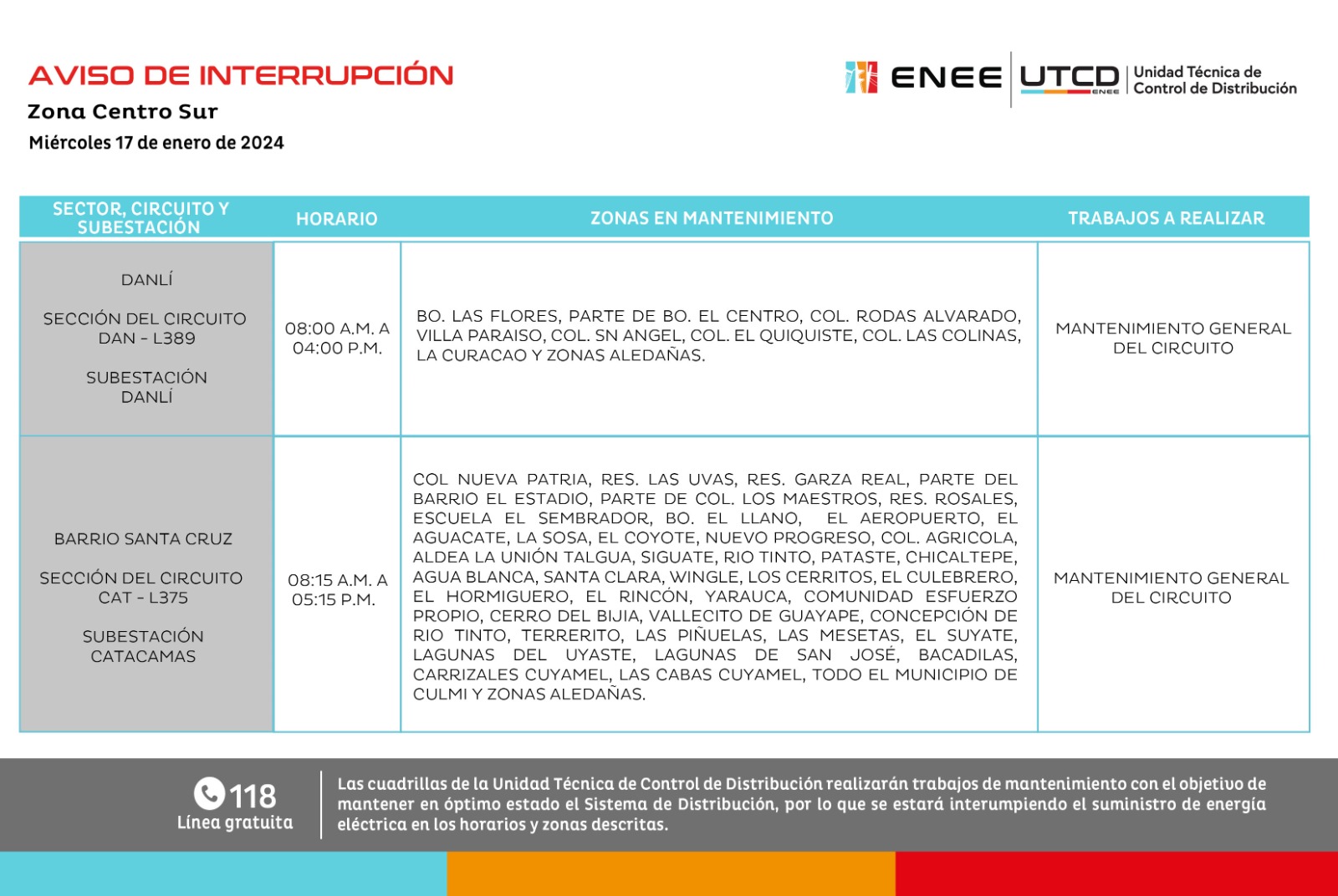 Primeros dos cortes de energía eléctrica programados por la ENEE para este miércoles. Foto: UTCD