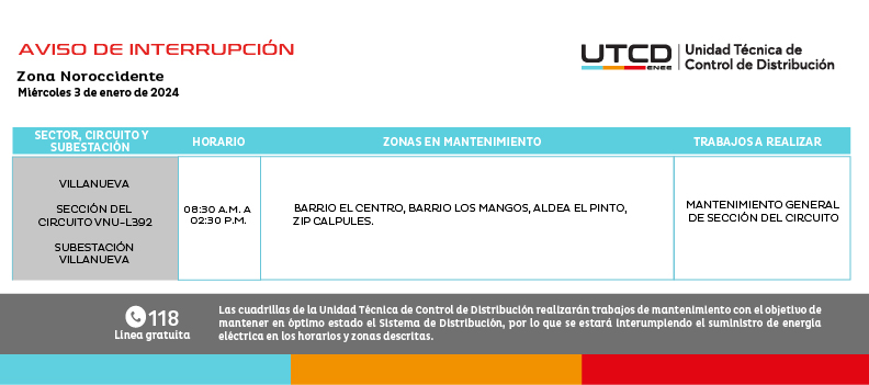 Cortes de energía eléctrica programados para este miércoles en Honduras. Foto: UTCD