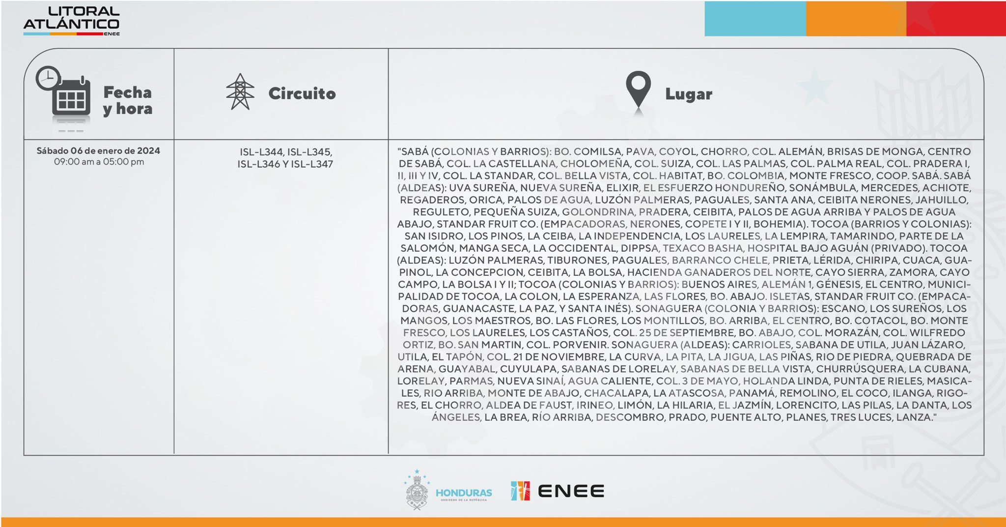 Cortes de energía eléctrica programados para este sábado 6 de enero. Foto: CND