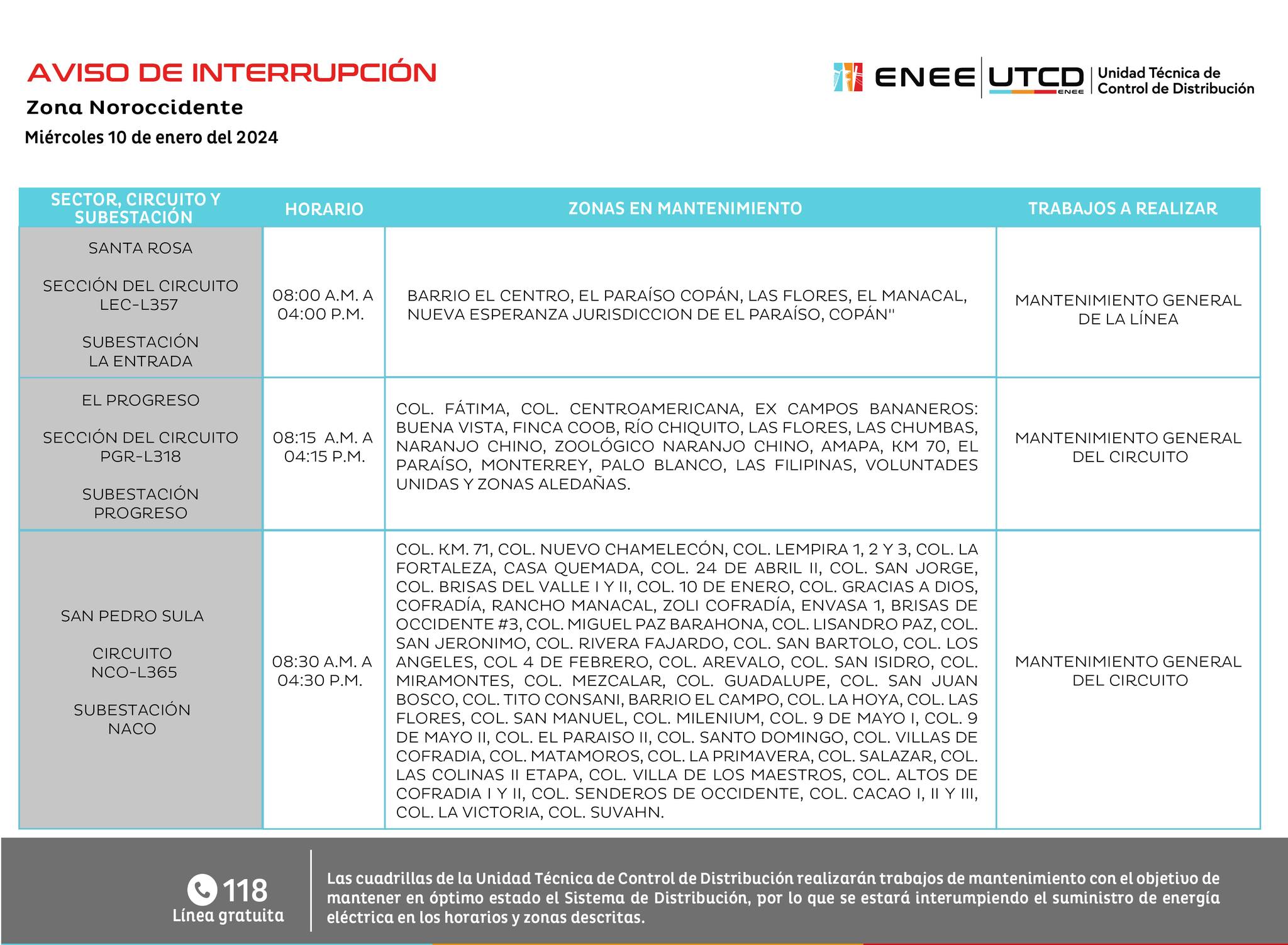 Cortes de energía eléctrica programados en El Paraíso, El Progreso y San Pedro Sula para este miércoles. Foto: UTCD