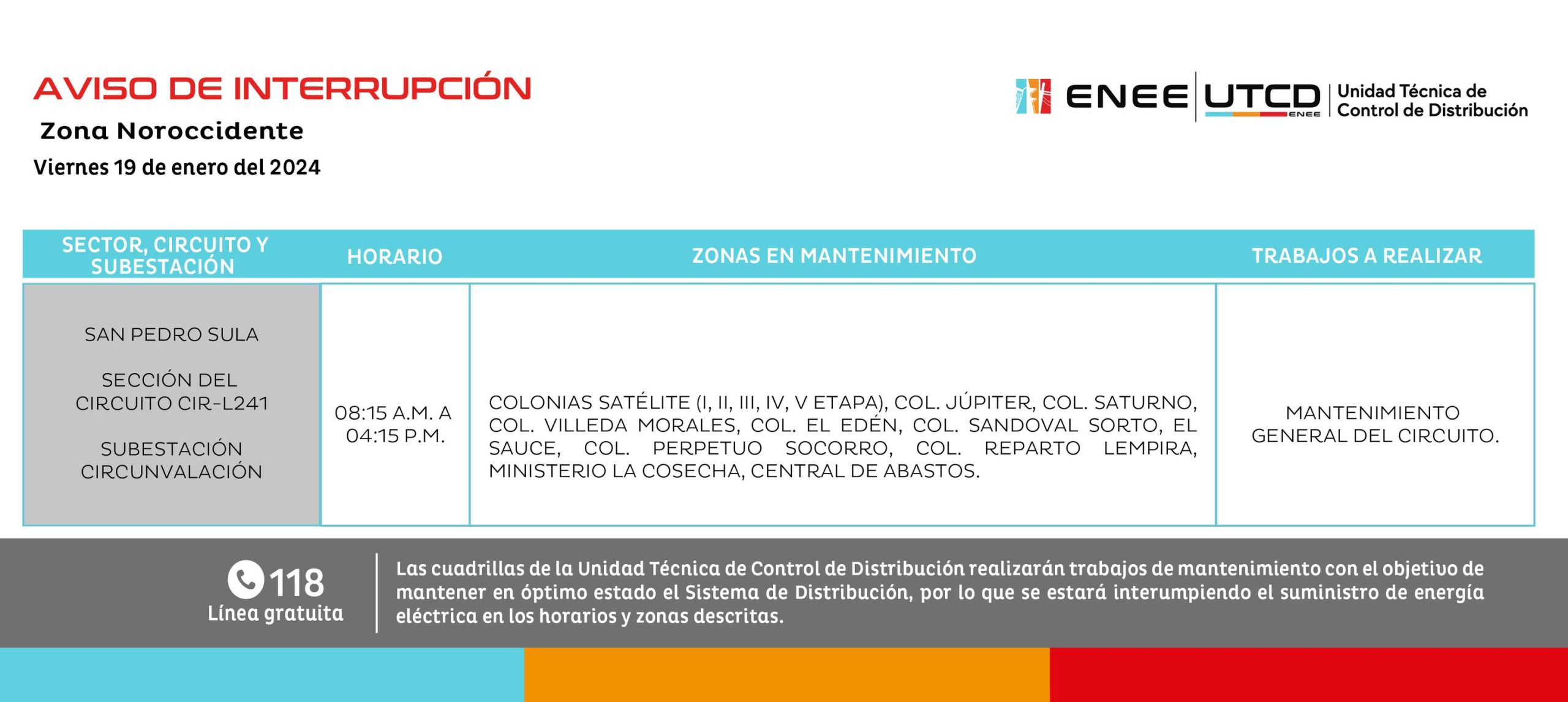 Cortes de energía eléctrica programados por la ENEE para este viernes 19 de enero. Foto: UTCD