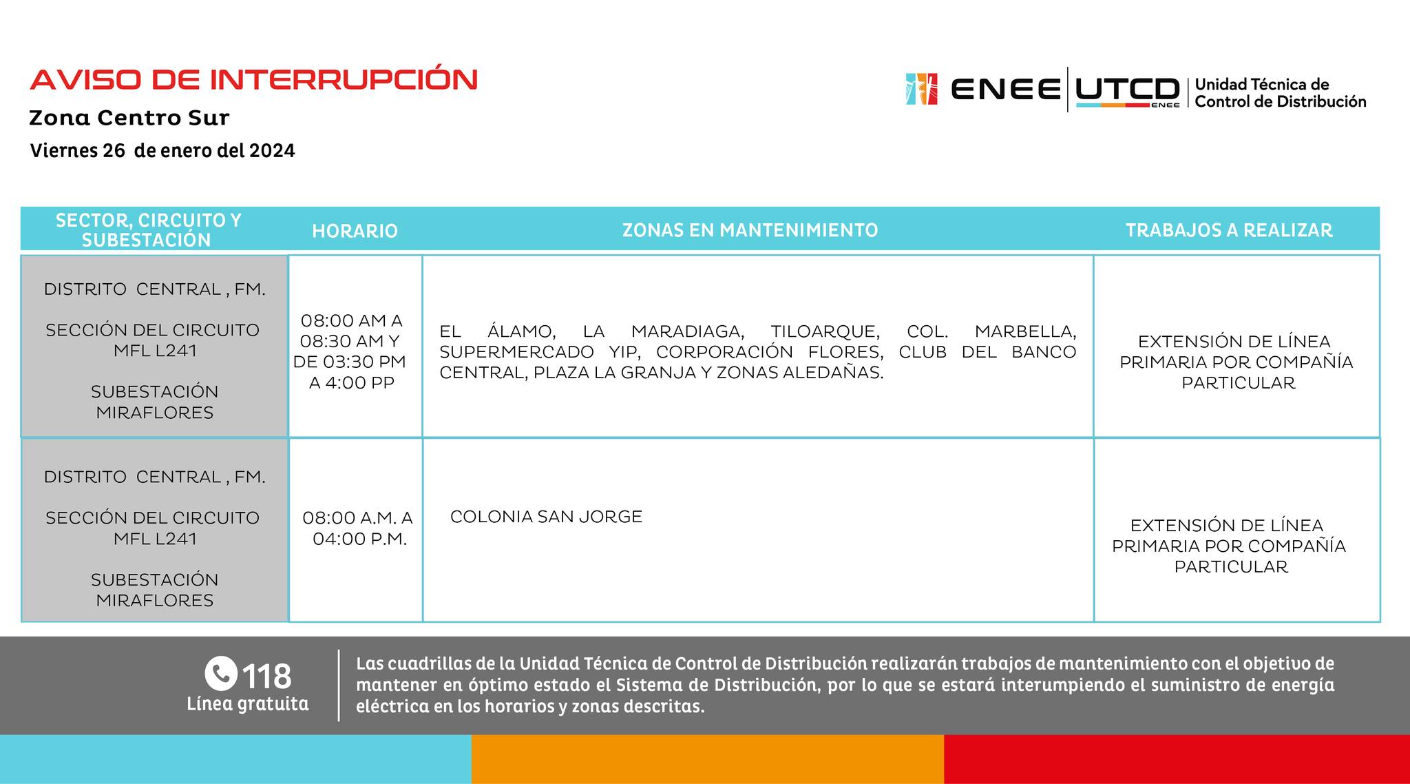 Cortes de energía eléctrica programados por la ENEE para este viernes en la capital. Foto: UTCD