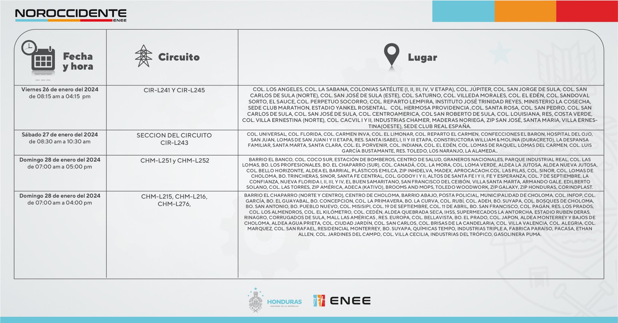 Cortes de energía eléctrica programados por la ENEE para este viernes en San Pedro Sula. Foto: CND