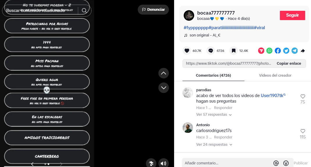 Captura de videos publicados en TikTok sobre la cuenta User 1907tk (user1907tk). Foto: Redes sociales