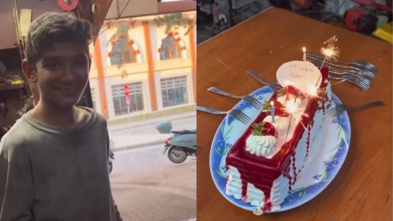 Adolescente mecánico fue sorprendido por su jefe con un pastel por su cumple
