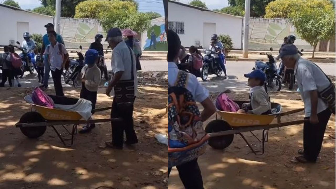 ¡Enternecedor! Abuelito recoge a su nieta en una carreta al salir de la escuela
