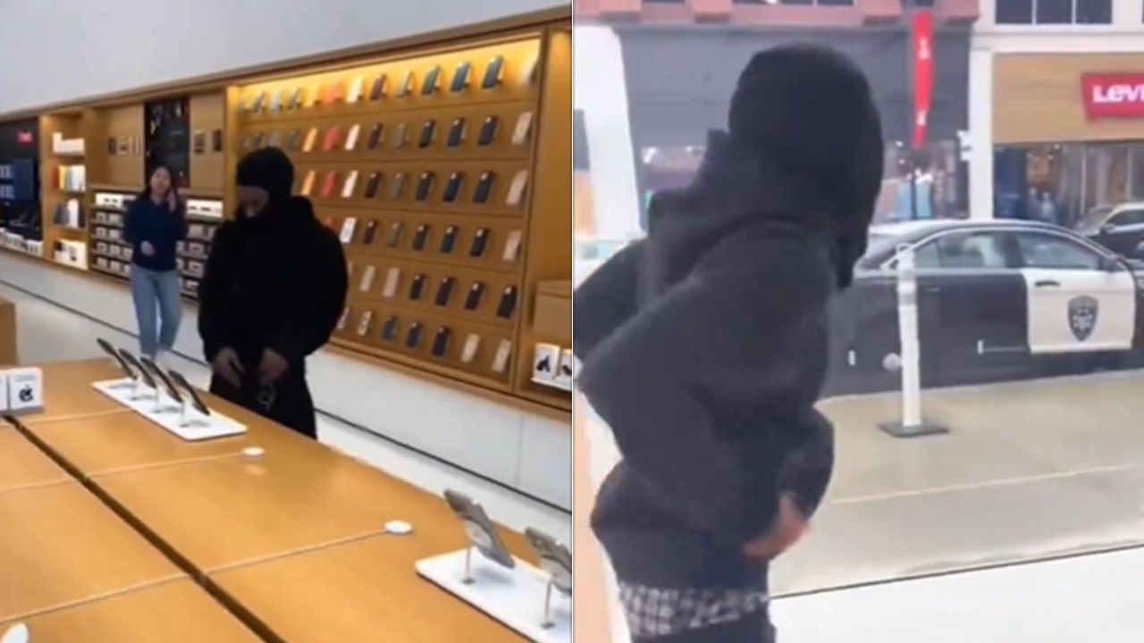 Con una patrulla enfrente, hombre roba productos en una tienda de celulares