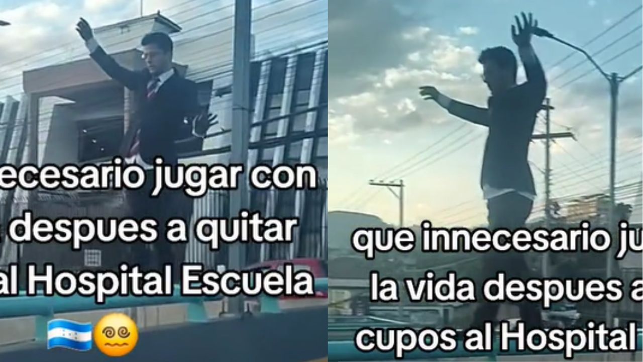 Captan a joven 'arriesgando su vida' al cruzar por la barandilla de un puente en Tegucigalpa