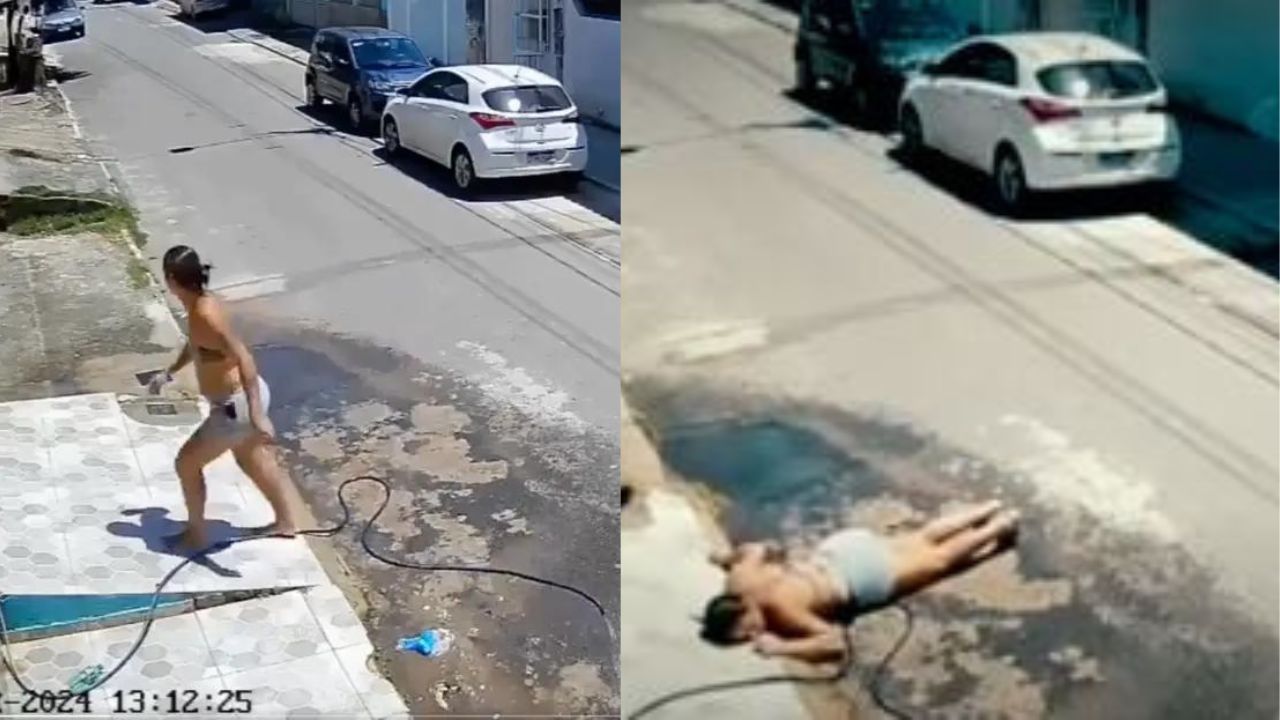 VIDEO: sexi mujer sufre aparatosa caída cuando desperdiciaba el agua