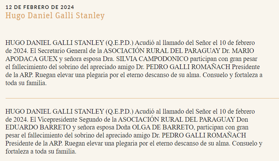 Comunicado de las exequias de Hugui Galli Stanley. Foto: Captura de pantalla de ABC Color