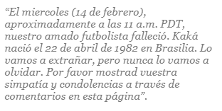 Lo que se lee en la publicación de la supuesta muerte de Kaká. Foto: MediaMass
