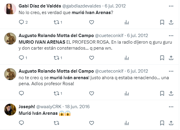 Publicaciones pasadas sobre la supuesta muerte de Iván Arenas, el Profesor Rosa. Foto: Redes sociales