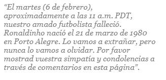 Lo que se lee en la publicación de la supuesta muerte de Ronaldinho. Foto: MediaMass