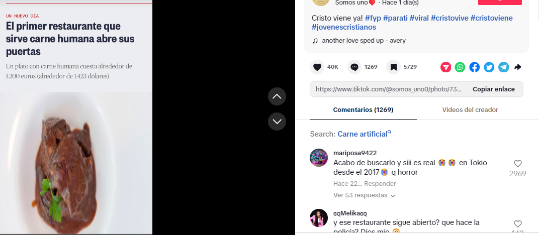 La publicación que recordó la noticia del supuesto restaurante que sirve carne humana. Foto: Redes sociales