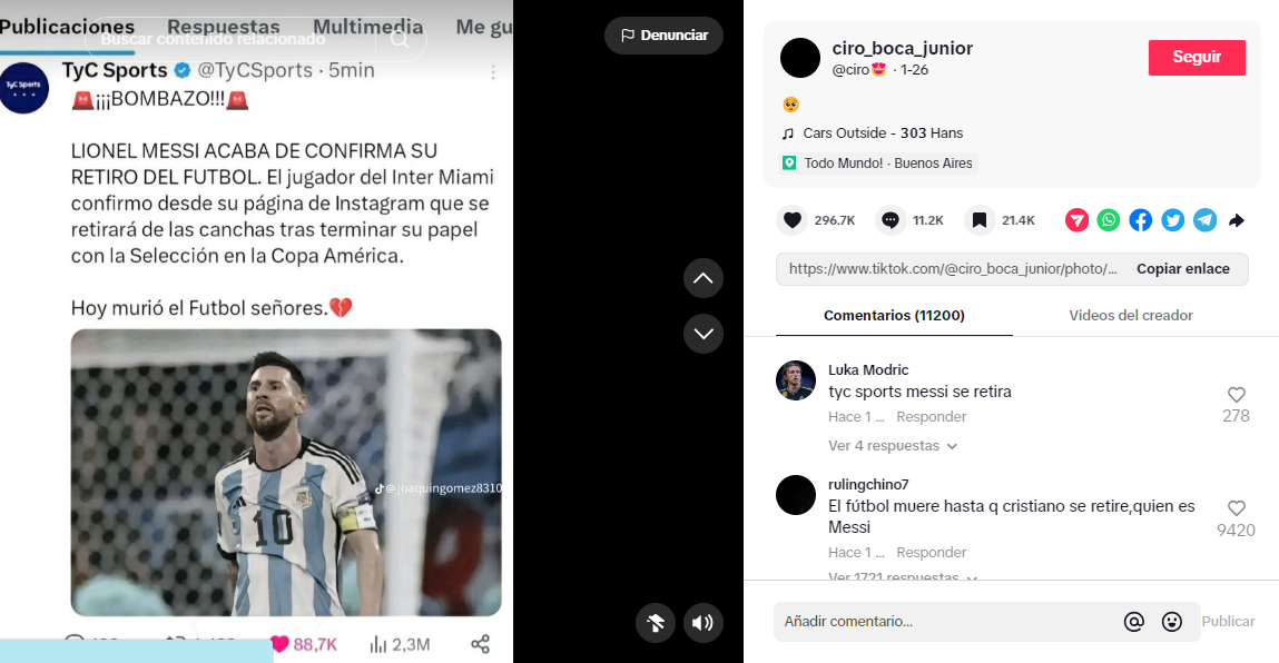 La publicación falsa de TyC Sports sobre el supuesto retiro de Leo Messi. Foto: Redes sociales