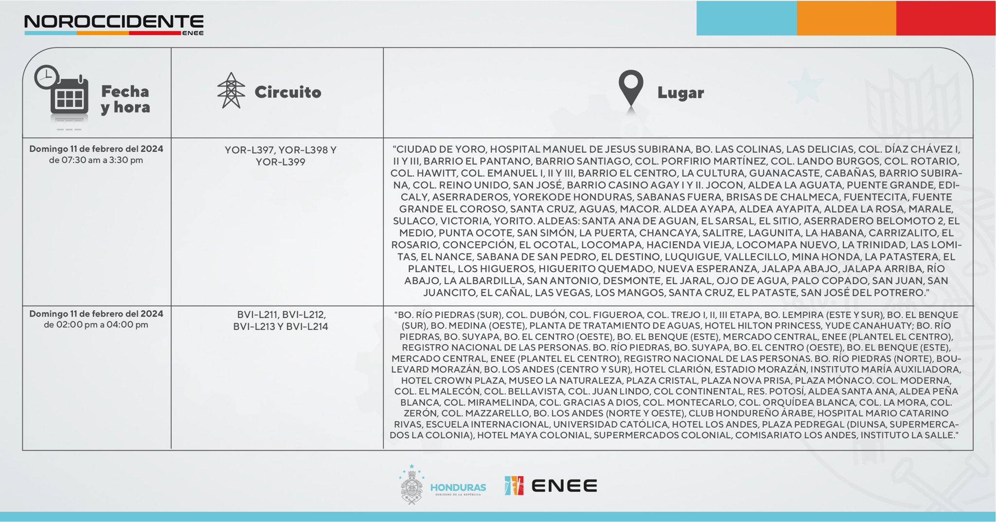 Últimos cortes de energía eléctrica programados por la ENEE para este domingo 11 de febrero. Foto: CND