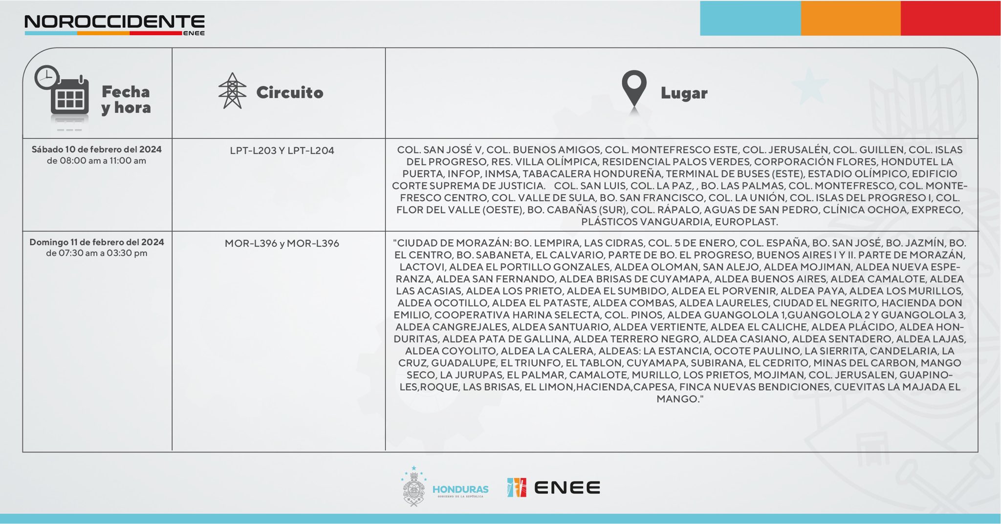 Primeros cortes de energía eléctrica programados por la ENEE para este domingo 11 de febrero. Foto: CND
