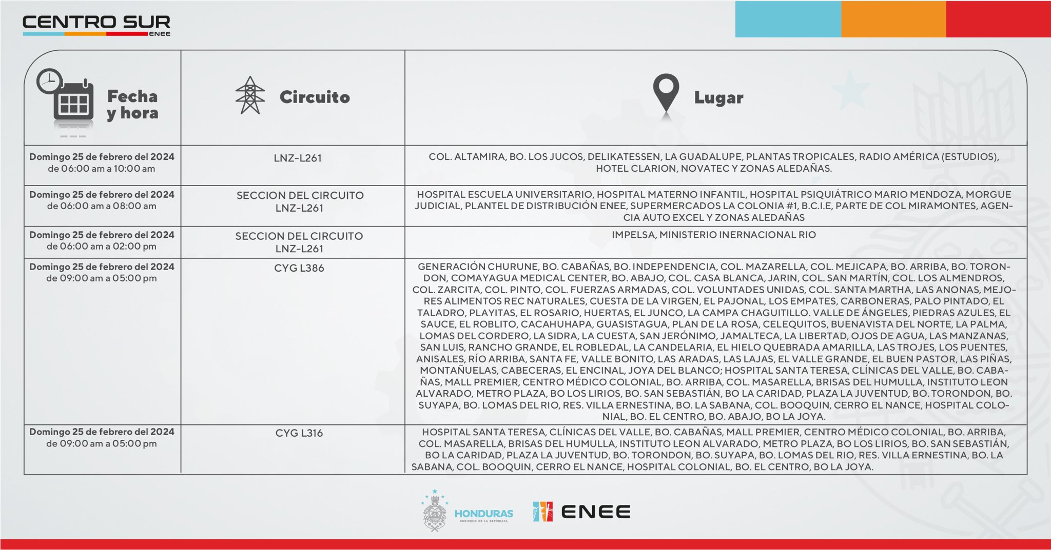 Cortes de energía eléctrica programados por la ENEE para este domingo 25 de febrero. Foto: CND
