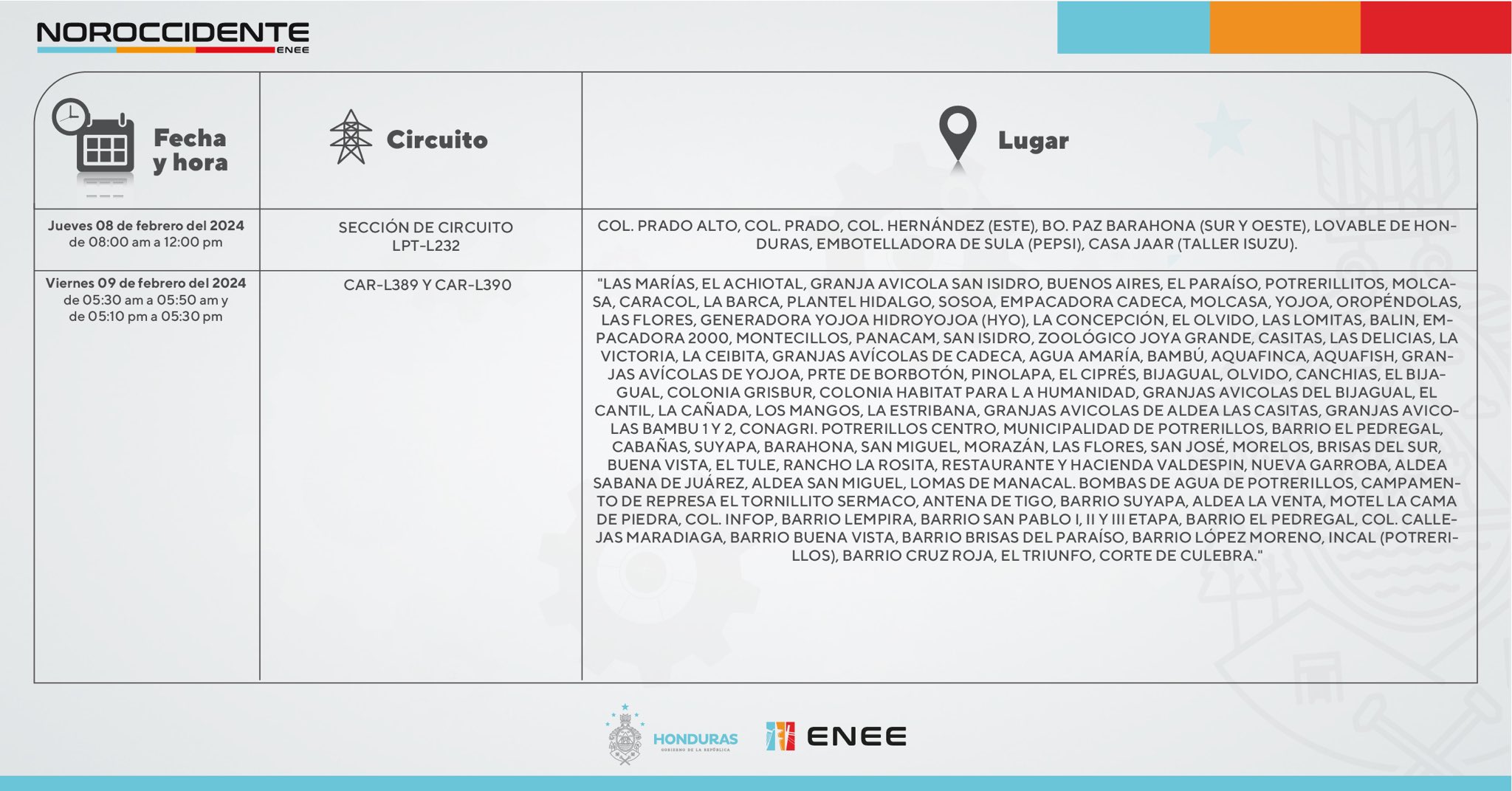 Cortes de energía eléctrica programados por la ENEE en San Pedro Sula. Foto: CND
