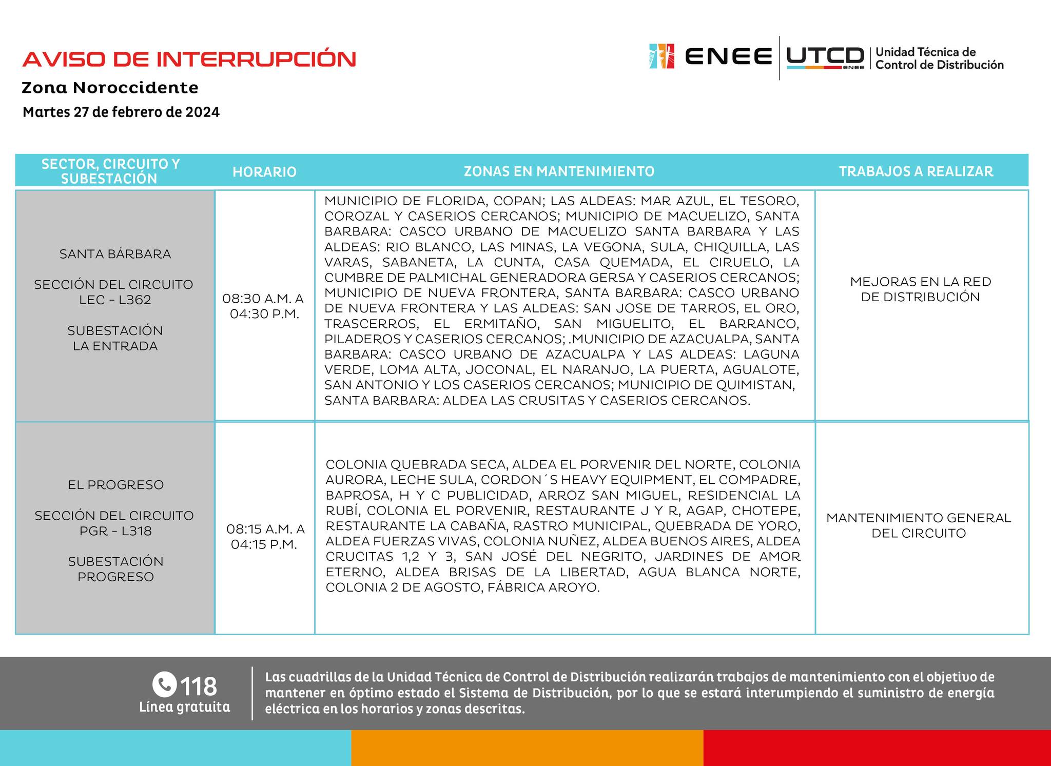 Primeros cortes de energía eléctrica programados para el martes 27 de febrero. Foto: UTCD