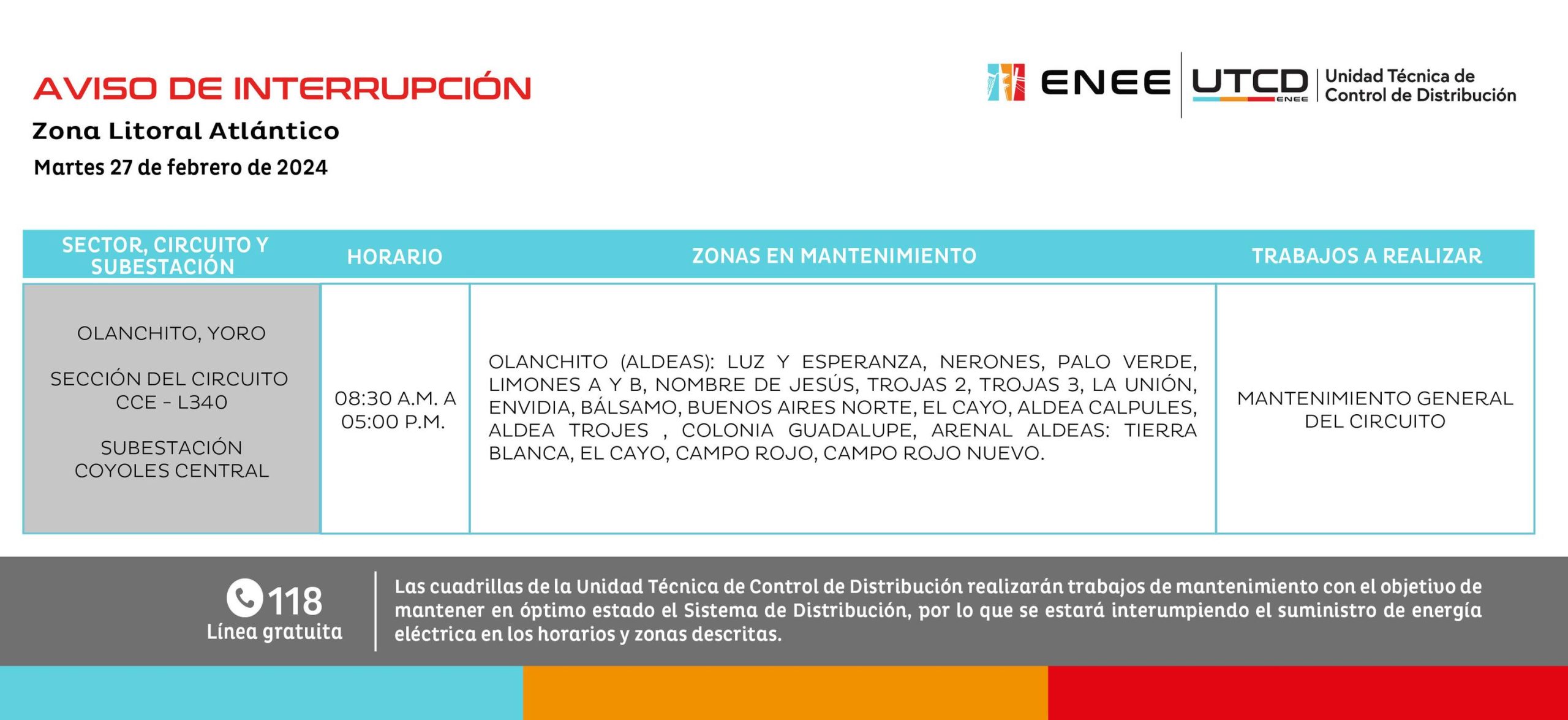 Otros cortes de energía eléctrica programados para el martes 27 de febrero. Foto: UTCD
