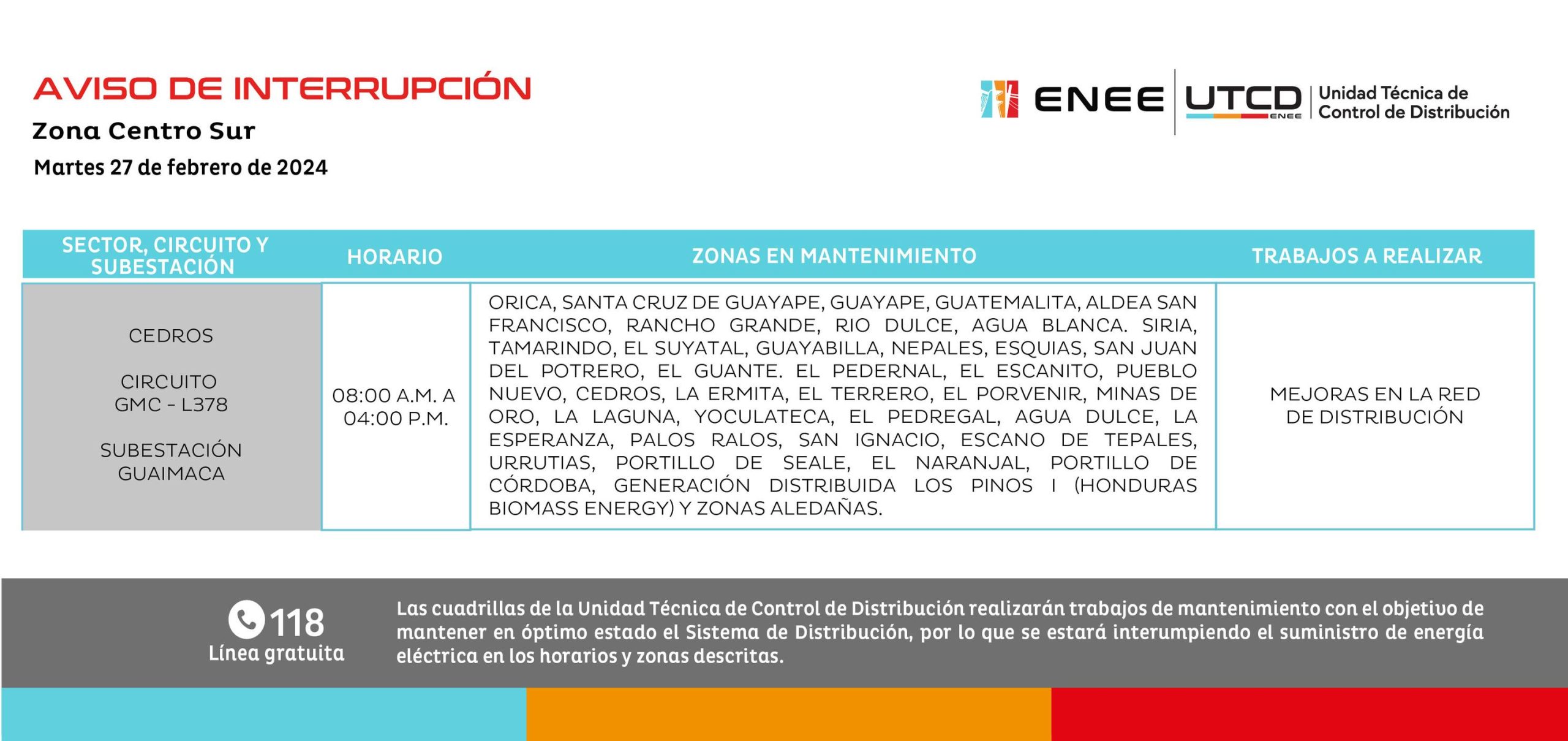 Últimos cortes de energía eléctrica programados para el martes 27 de febrero. Foto: UTCD