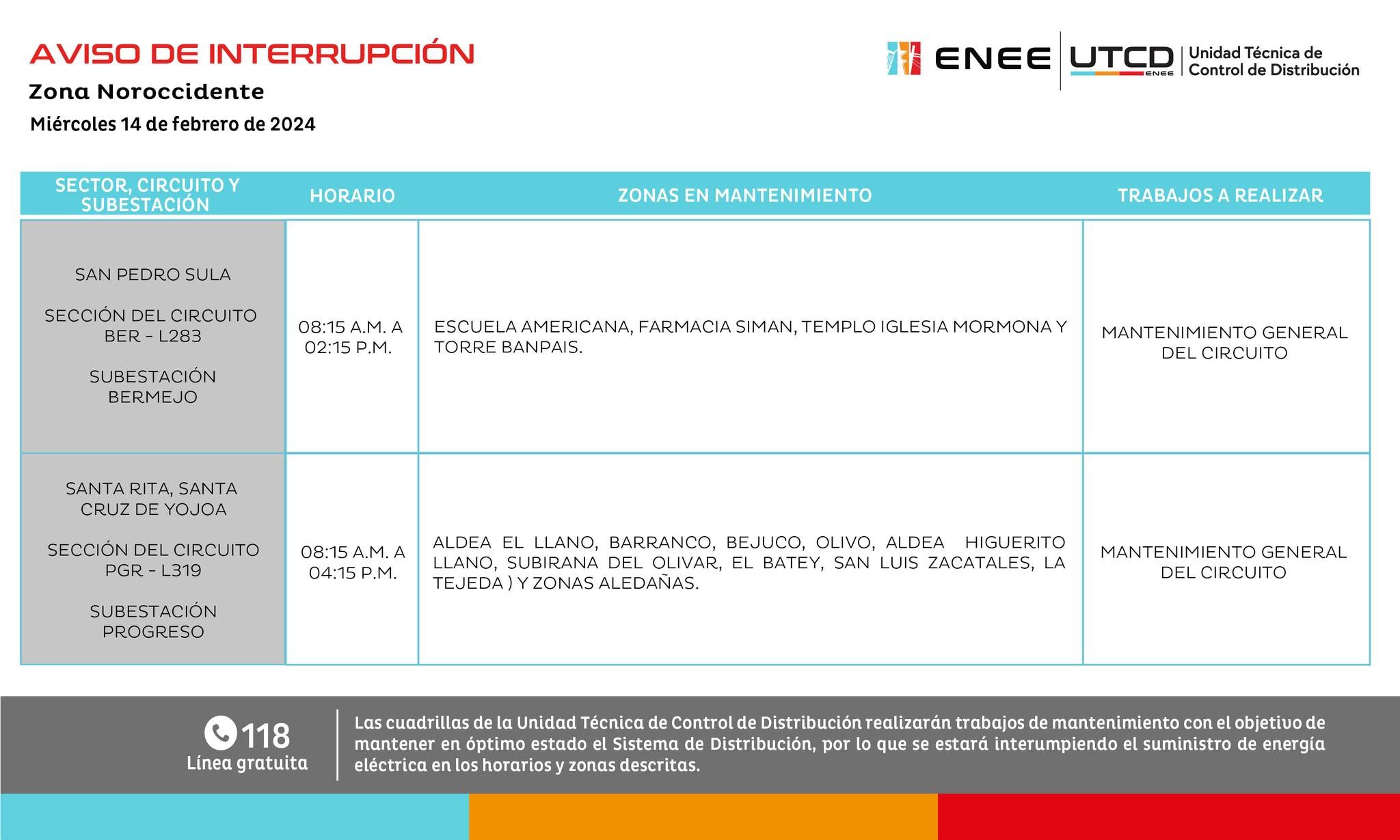 Primeros cortes de energía eléctrica programados por la ENEE para este miércoles 14 de febrero. Foto: UTCD