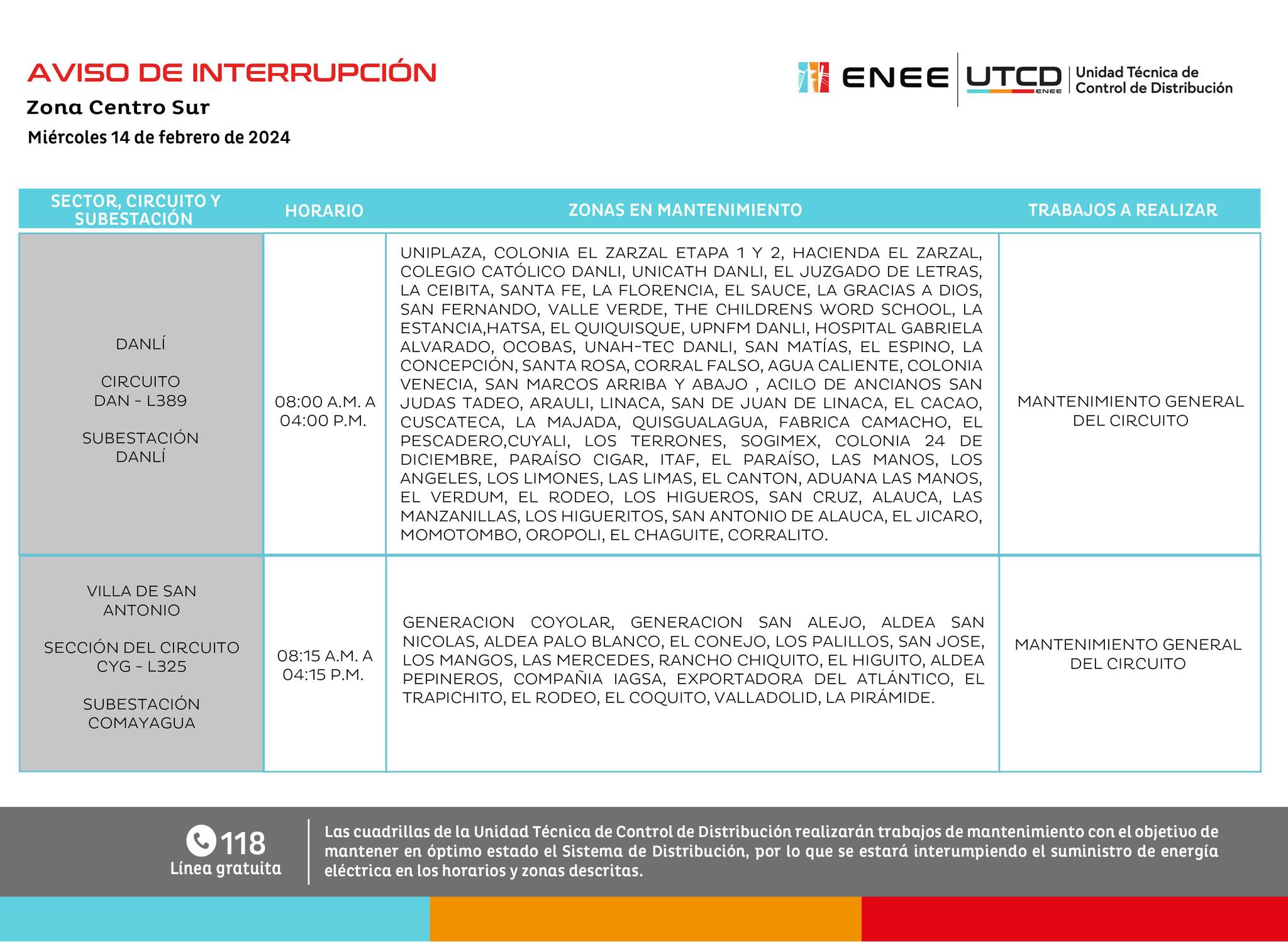 Últimos cortes de energía eléctrica programados por la ENEE para este miércoles 14 de febrero. Foto: UTCD