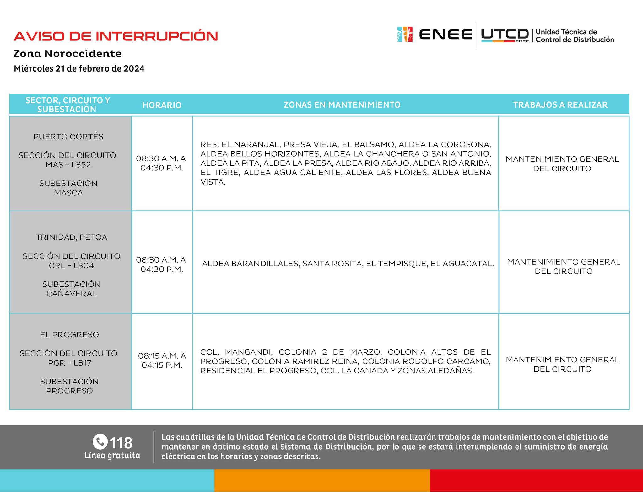 Primeros cortes de energía eléctrica programados por la ENEE para este miércoles 21 de febrero. Foto: UTCD