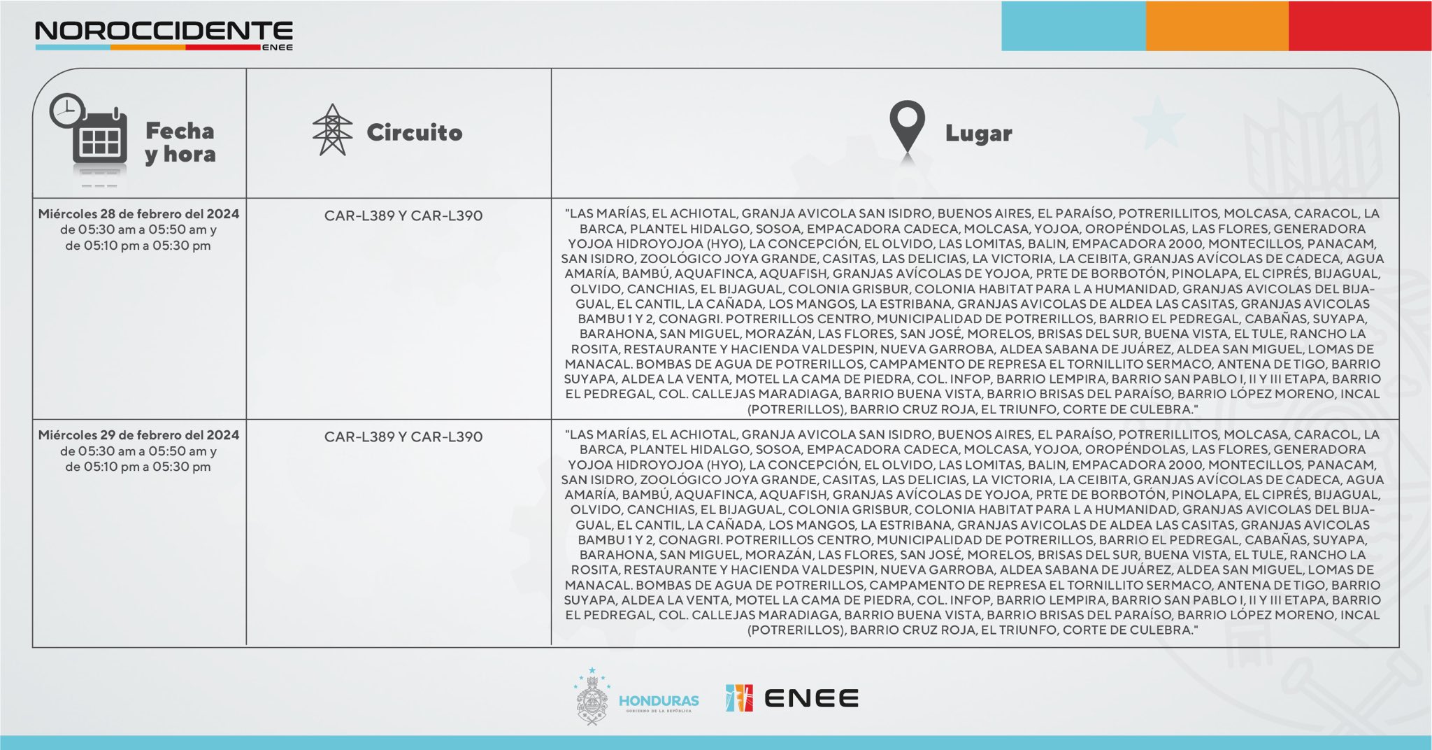 Cortes de energía eléctrica programados por la ENEE para mañana miércoles 28 de febrero. Foto: CND