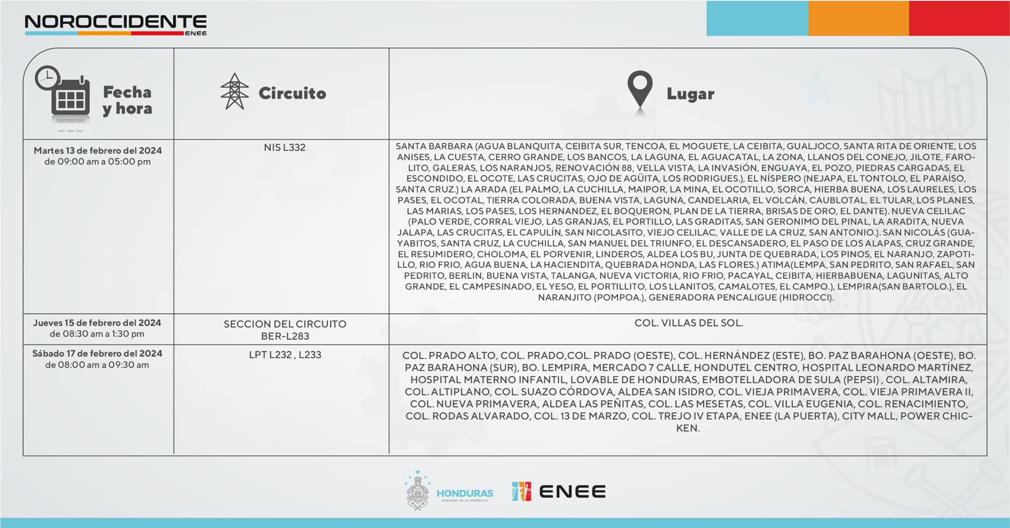 Cortes de energía eléctrica programados por la ENEE en San Pedro Sula. Foto: CND