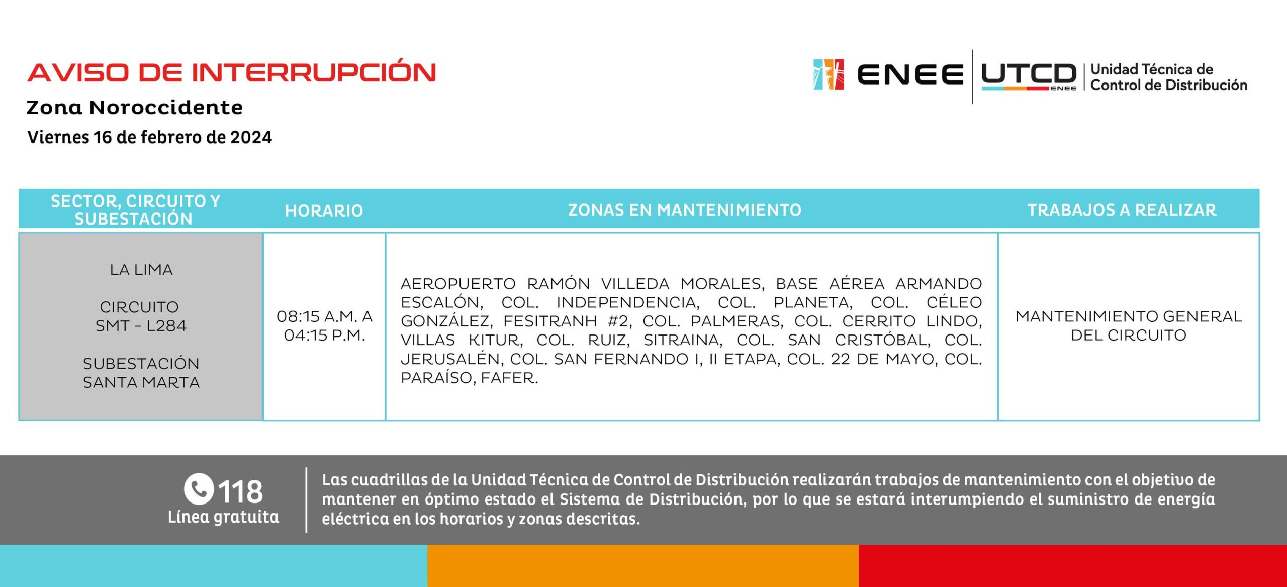 Cortes de energía eléctrica programados por la ENEE para mañana viernes 16 de febrero. Foto: UTCD