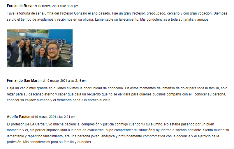 Algunas condolencias tras el fallecimiento de Gonzalo de La Cerda Otto. Foto: Funeraria Hogar de Cristo