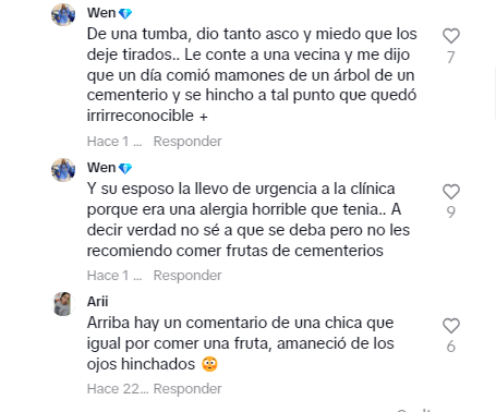 Uno de los comentarios de lo que puede pasar si comes fruta del cementerio. Foto: TikTok