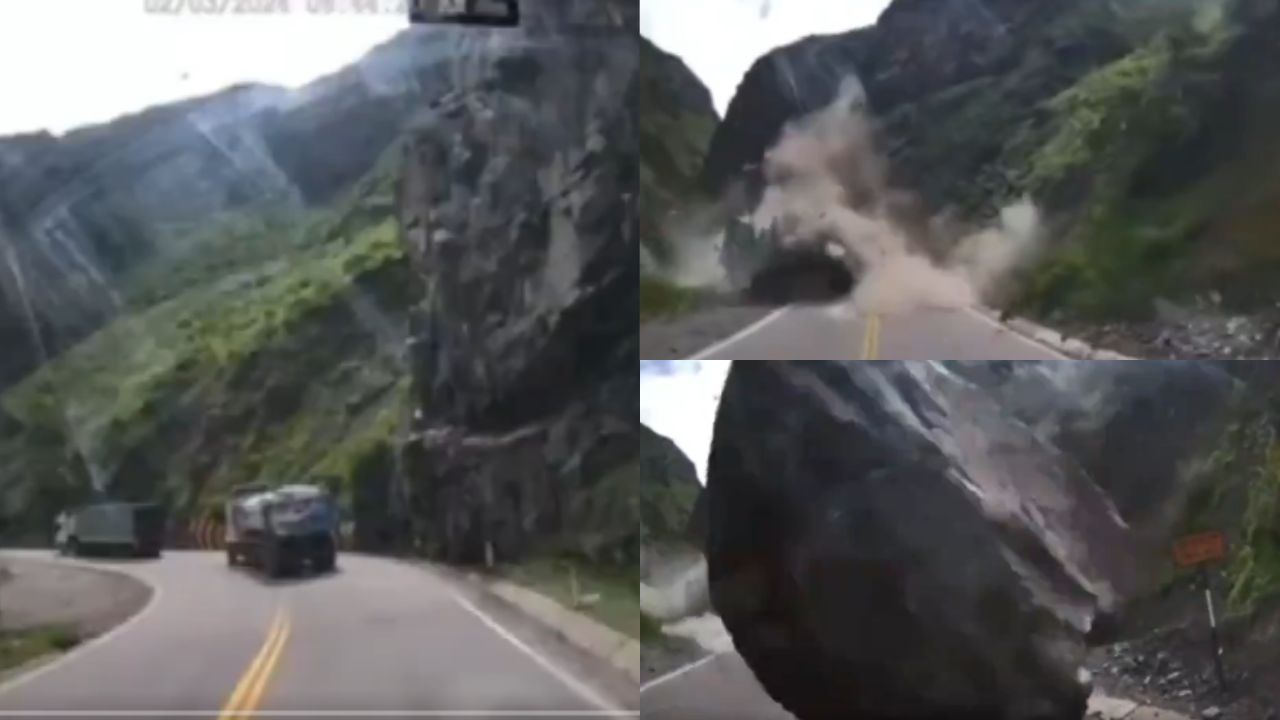 Vídeo: un cerro se derrumba y destruye varios camiones en Perú