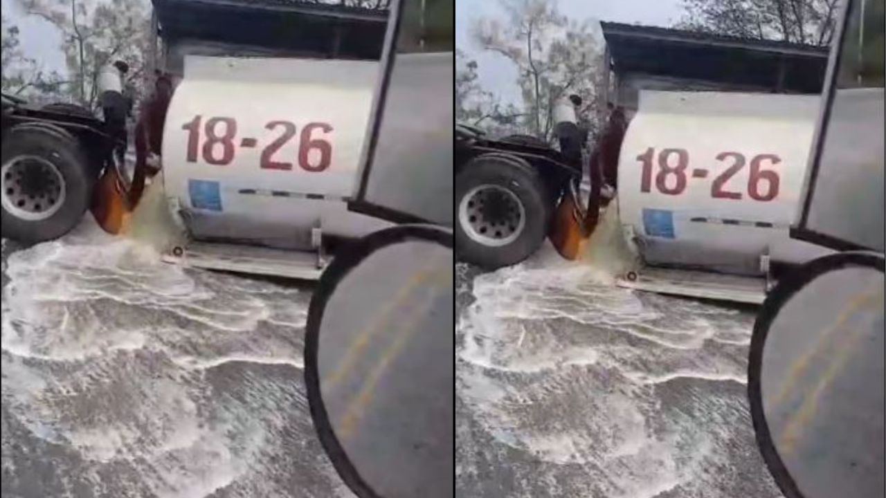 Impactante video: cisterna botando gasolina tras volcarse en carretera al sur de Honduras