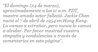 Lo que se lee en la publicación de la supuesta muerte de Jackie Chan. Foto: MediaMass